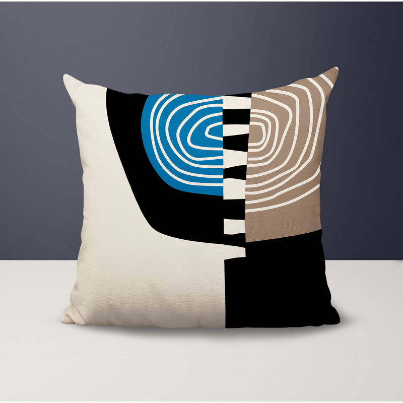 Coussin Marti, H 15 po x l 15 po, Turquoise / noir / blanc cassé abstrait