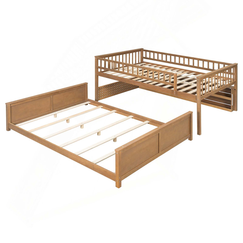 Lit double superposé au-dessus de grand lit double avec tablettes intégrées, lumières à changement de couleur et panneau perforé