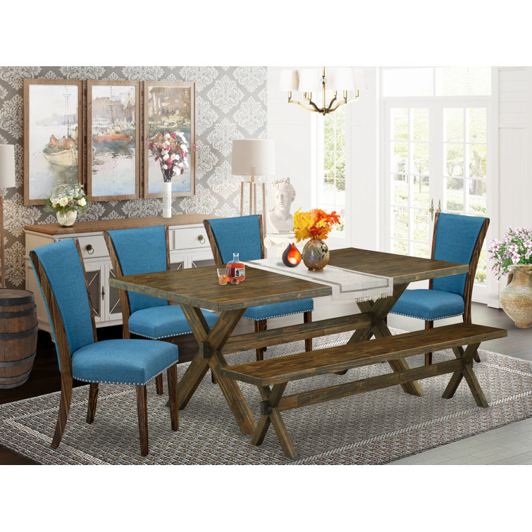 6 Pc Dining Set - 4 Black Dining Chairs, Wood Table And Modern Bench - (Finish Option)