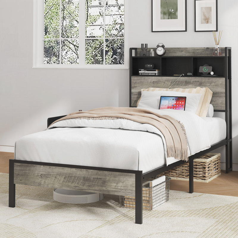Base de lit plateforme en bois avec rangement et 2 clés USB, Lit simple