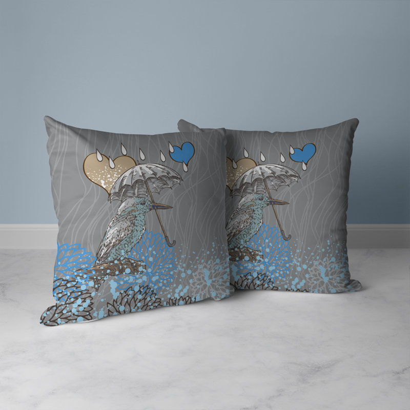 Coussin décoratif réversible oiseau avec parasol, Bleu / gris, H 18 po x l 18 po