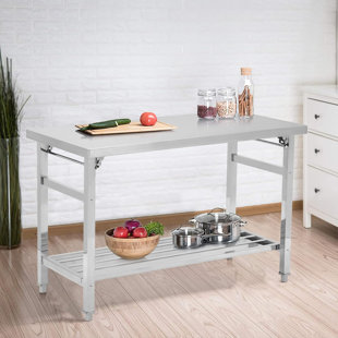 Table de salle à manger pliante robuste en acier inoxydable - Station de préparation sous la tablette réglable à deux niveaux, roulettes verrouillables, capacité de 920 lb, pour la cuisine, le restaurant, le garage, le camping - épissure de tube car