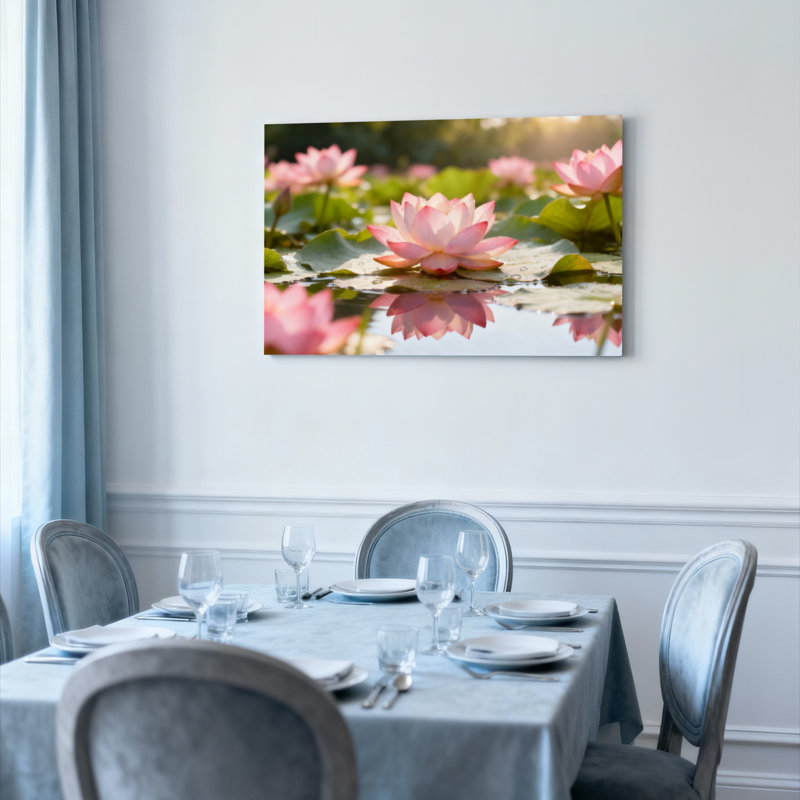 Ensemble de 1 tableau sur toile tendue représentant des fleurs de lotus roses sur l'eau, H 20 po x l 30 po