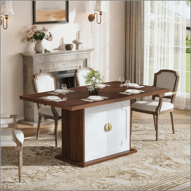 Table de salle à manger pour 4-6, table de cuisine rectangulaire avec base à piédestal et tablettes de rangement, Noyer