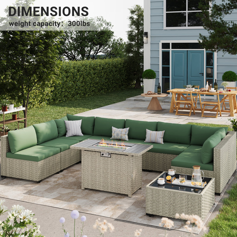 9 Pieces Design-Oriented Rattan Patio Conversation Sets With Fire Pit, Green
