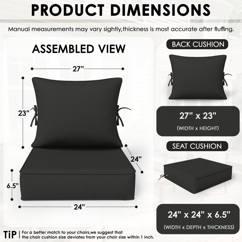 Ensemble de 6,5 po de coussins de remplacement pour l'extérieur, siège / dossier à assise profonde, l 24 po x P 24 po, ensemble de 2
