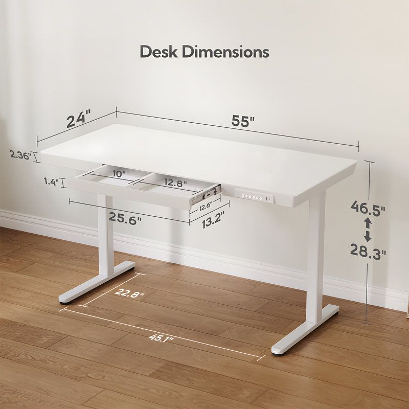 Tempered Glass Top Height Adjustable Standing Desk, Computer Desk with Drawer and USB Charge, 46.5" H x 55" W x 24" D, White