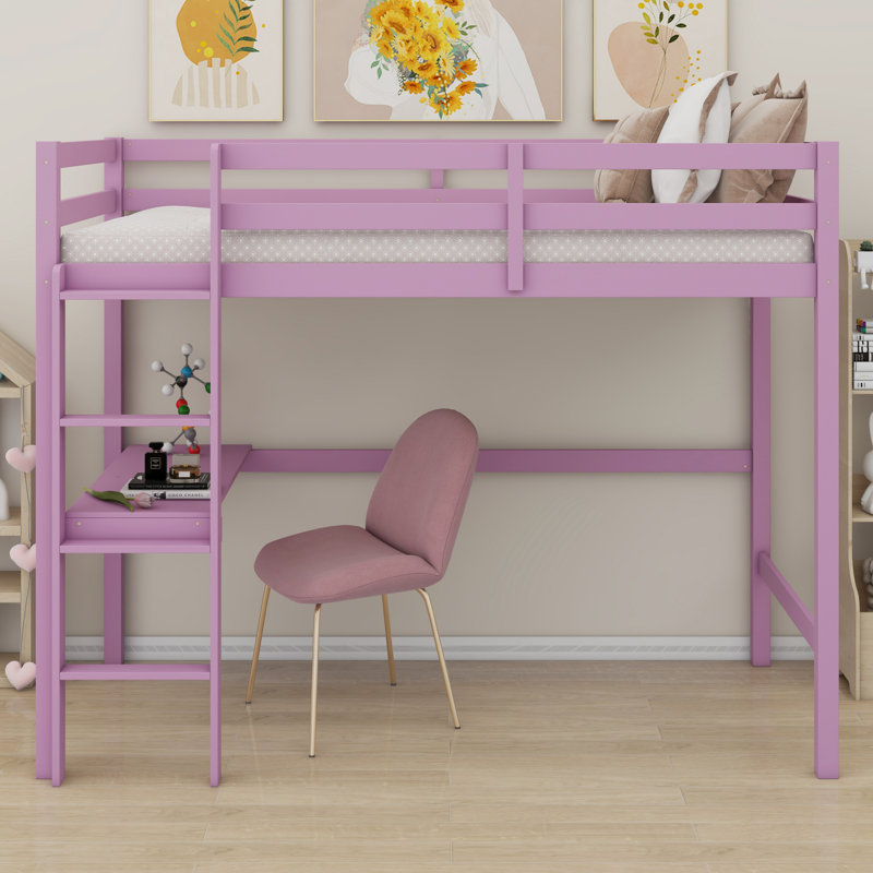 High Loft Bed, Wood Loft Bed With Safety Guardrail, Built-In Desk, Ladder, Pink