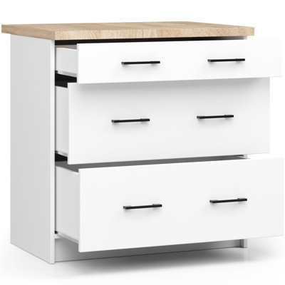 The kitchen base cabinet is white