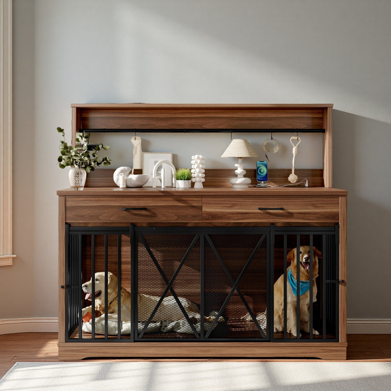 Meuble pour cage de chien 55,1 "pour grands ou 2 chiens moyens, table cage robuste avec 2 tiroirs de rangement et tablettes