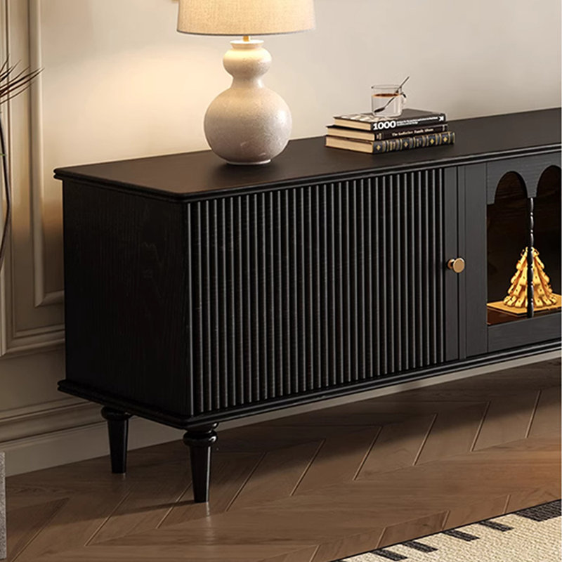 Meuble télé en bois massif rétro avec frêne, Noir, noir, noir, noir, 94.48"