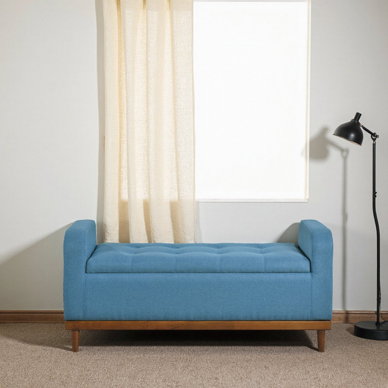Banc de rangement rembourré Mid-Century moderne gris foncé avec cadre en noyer, L 50 po, Bleu