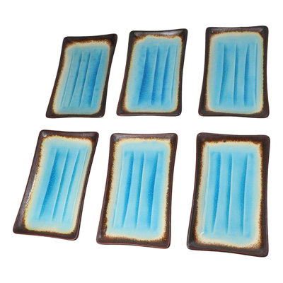Pack Of 6 Crackled Blue Sky Aozora Kannyu Ceramic Rectangular Sushi Plates 8.5"L