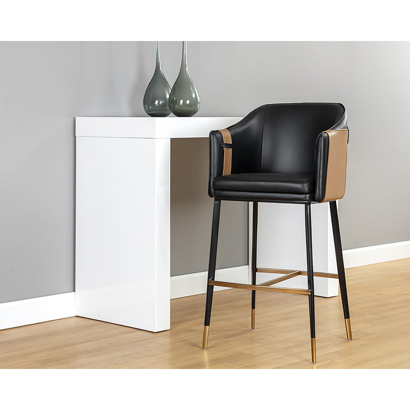 Carter Upholstered Stool with Metal Frame, Black/Cognac, Bar Stool (30.25" Seat Height)