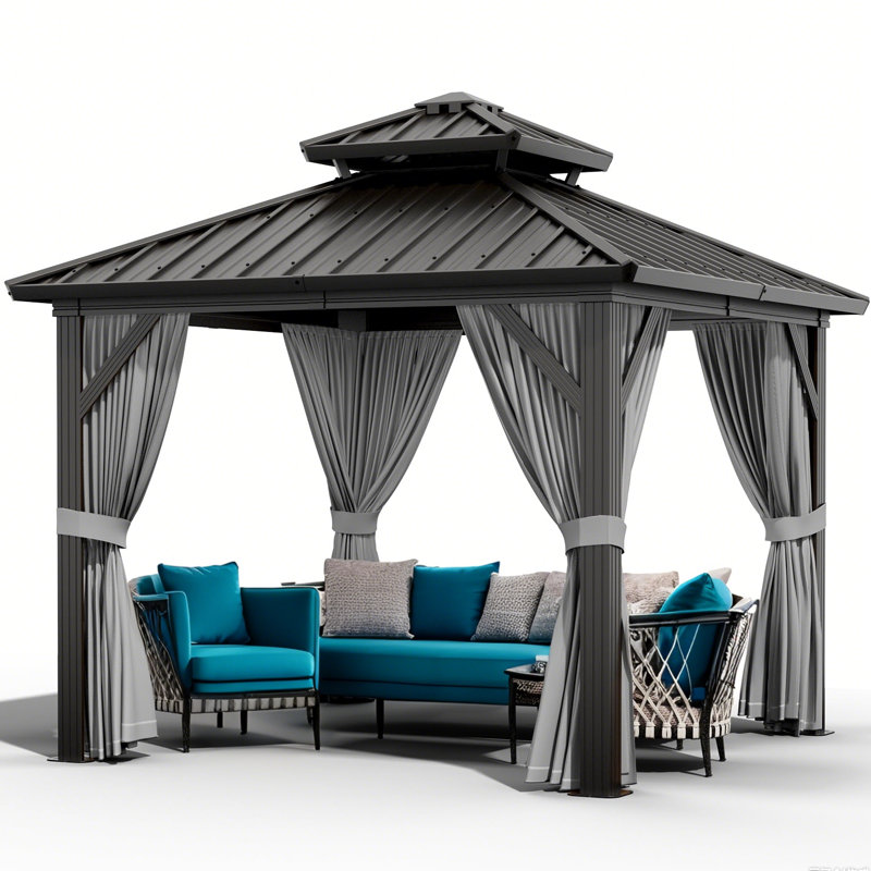 Outdoor Hardtop Gazebo, Galvanized Iron Double Vent Roof with Curtains & Netting, Aluminum Frame Pavilion for Patio, Lawn, Deck, Garden