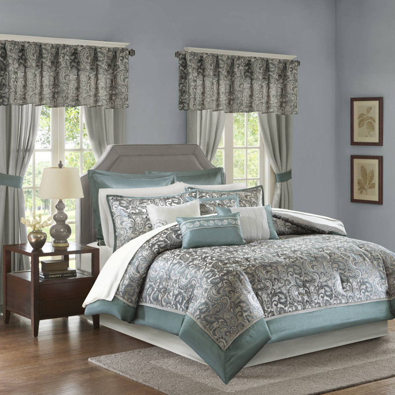 Ensemble de literie de luxe 24 pièces Brystol, Édredon grand + 23 pièces supplémentaires, Bleu sarcelle