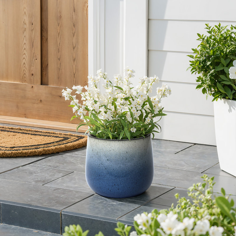11.6" Dia Glazed Blue Round Ceramic Planter Pot with Drainage