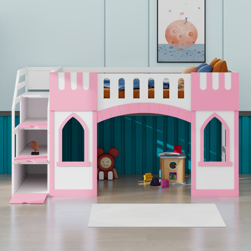 Lit mezzanine avec escalier de rangement et fenêtre