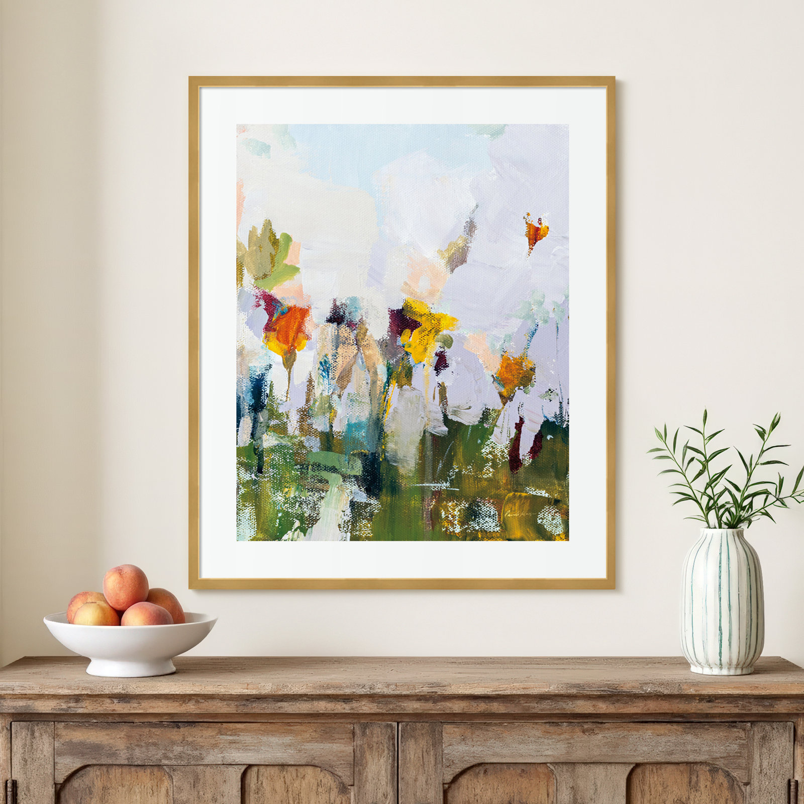 Spontaneous Summer Flowers Painting, Gold, 33.25" H x 27.8" W x 0.88" D