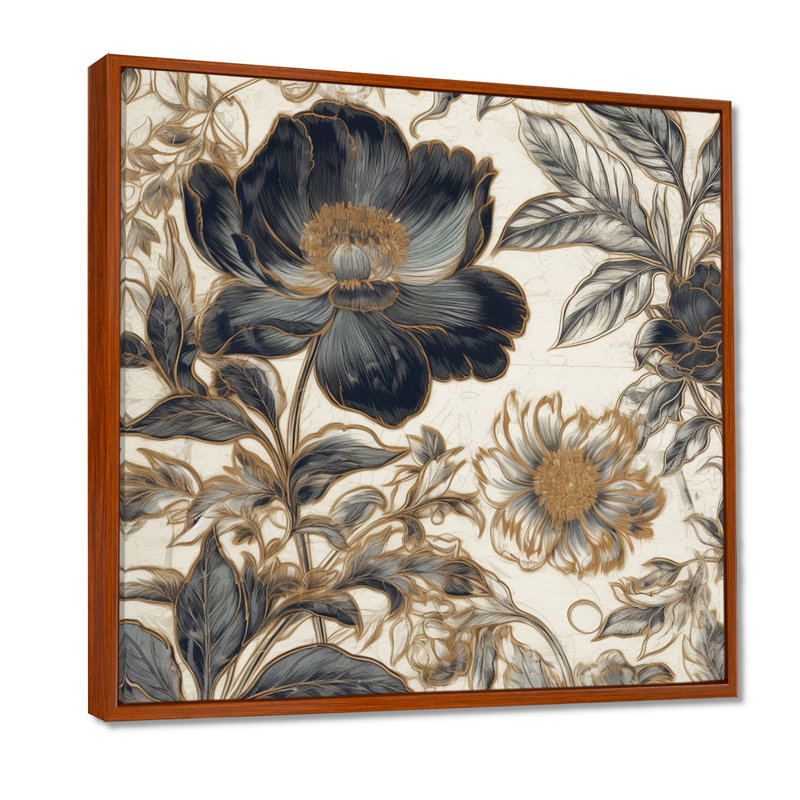 Blue Gold Peony Symphony I, reproduction d'art sur toile, H 36 po x l 36 po x P 1,5 po, Cadre flottant brun