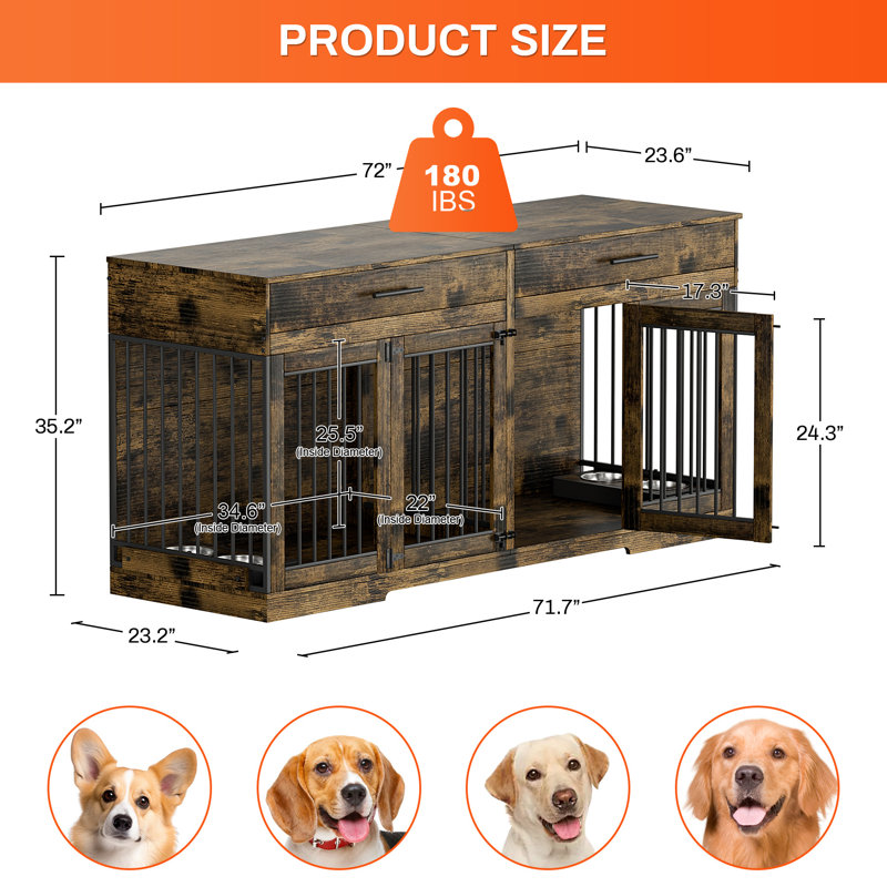 Meuble en bois pour cage de chien avec séparateur renforcé, 2 tiroirs et 2 bols pour chien., Brun
