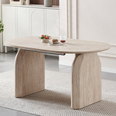 Table de salle à manger en bois extensible, table de cuisine ovale moderne avec un design à deux piliers élégant, parfait pour la salle à manger et le rassemblement, multifonctionnel et peu encombrant, salon et salle à manger.