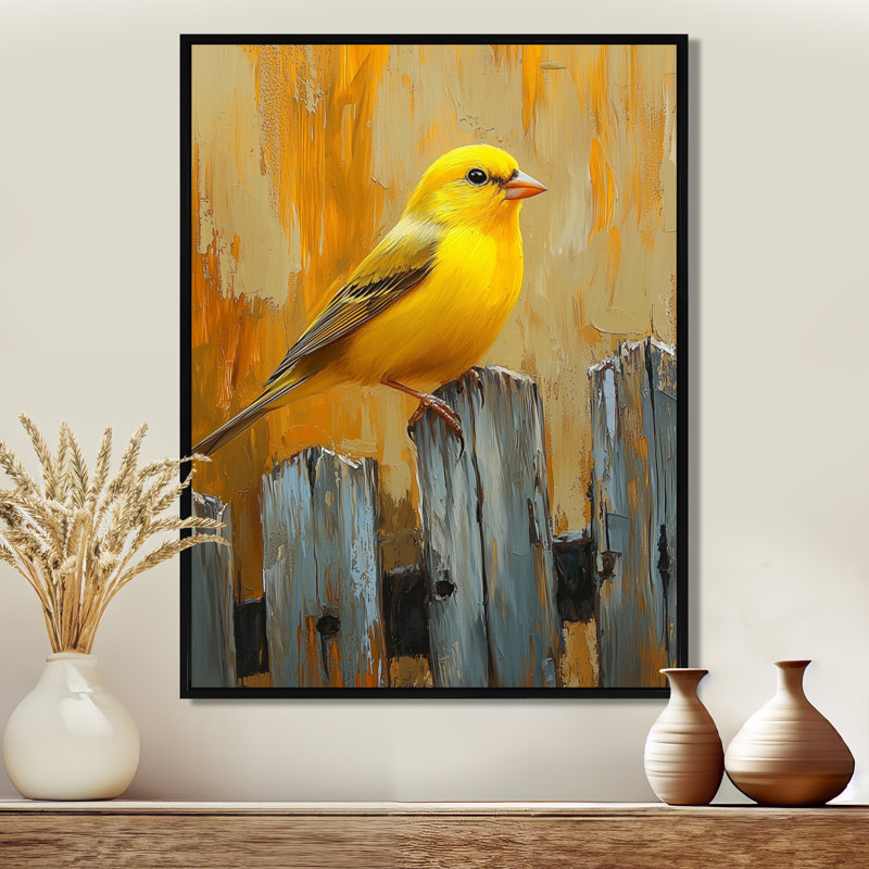 «Kuebler Finch Bird On The Barnyard Fence II», reproduction d'art sur toile encadrée, Noir, Impression encadrée flottante