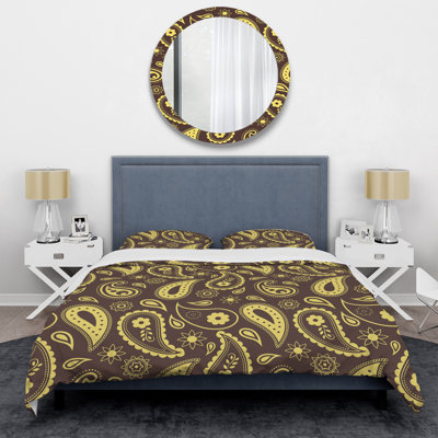 Ensemble de housse de couette à motif floral à motif cachemire brun et jaune