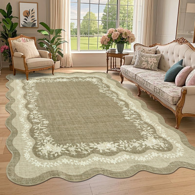 Tapis festonné à motif floral festonné avec envers en TPR antidérapant pour la chambre à coucher du salon