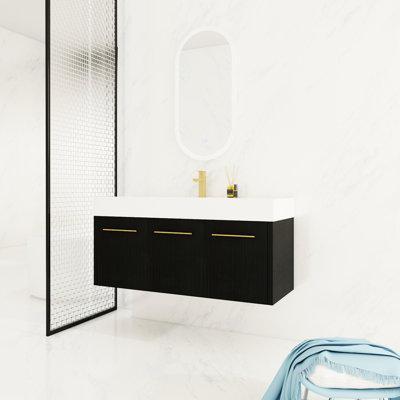 Meuble-lavabo de salle de bain avec lavabo mural 48 po. Châtaignier noir. Bassin en résine épaisse, charnières lisses, meuble-lavabo en contreplaqué, ton de châtaignier de 48 po, unité