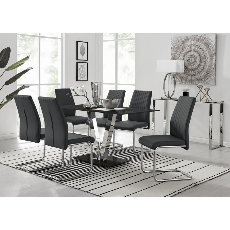 Ransart Modern Luxury Glass & Metal Dining Table Set With 6 Upholstered Faux Leather Dining Chairs, Black
