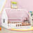 Full Wood House Bed Frame with Built-In Window, LED Light String and Fence-260515602