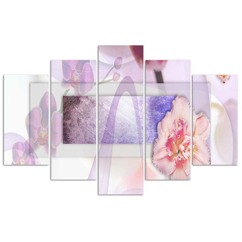 Abstract Violet Flowers - 5 Piece Wrapped Canvas Print, 100cm H x 150cm W