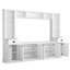 Meuble télé mural élégant pour téléviseurs de 75 pouces, blanc, avec étagères ajustables et grand espace de rangement. Console de télévision avec pont supérieur.