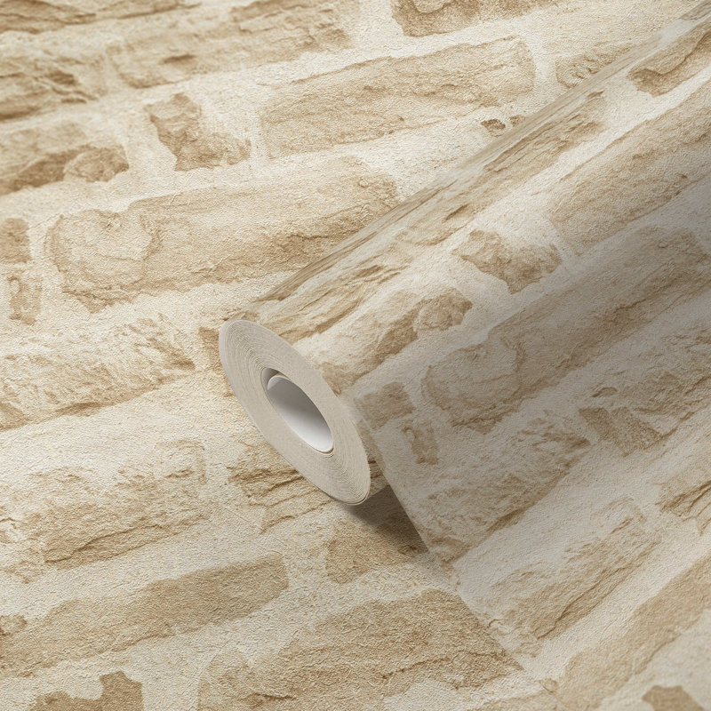 Bricks and More Collection Rocky Brick Motif Wallpaper Roll, Beige