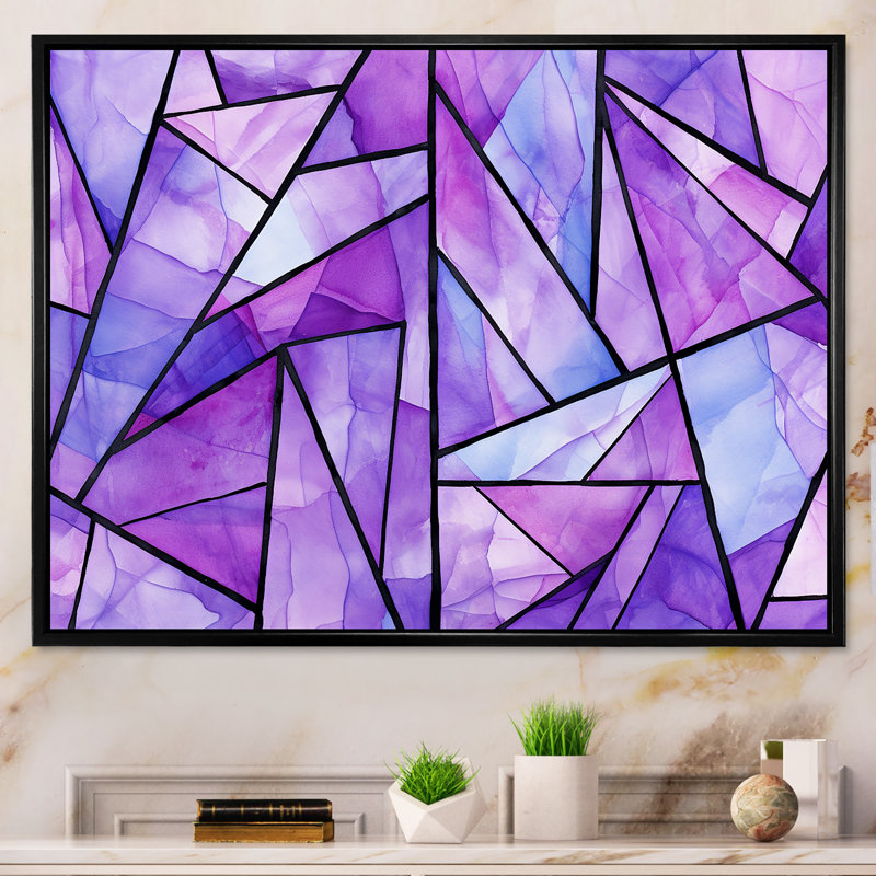 Mauve et bleu - art mural géométrique, H 16 po x l 32 po x P 1 po, Cadre flottant noir