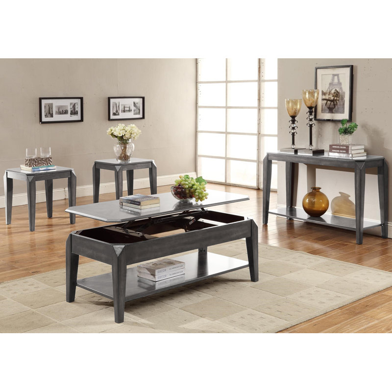 Table basse à quatre pieds avec plateau relevable et rangement