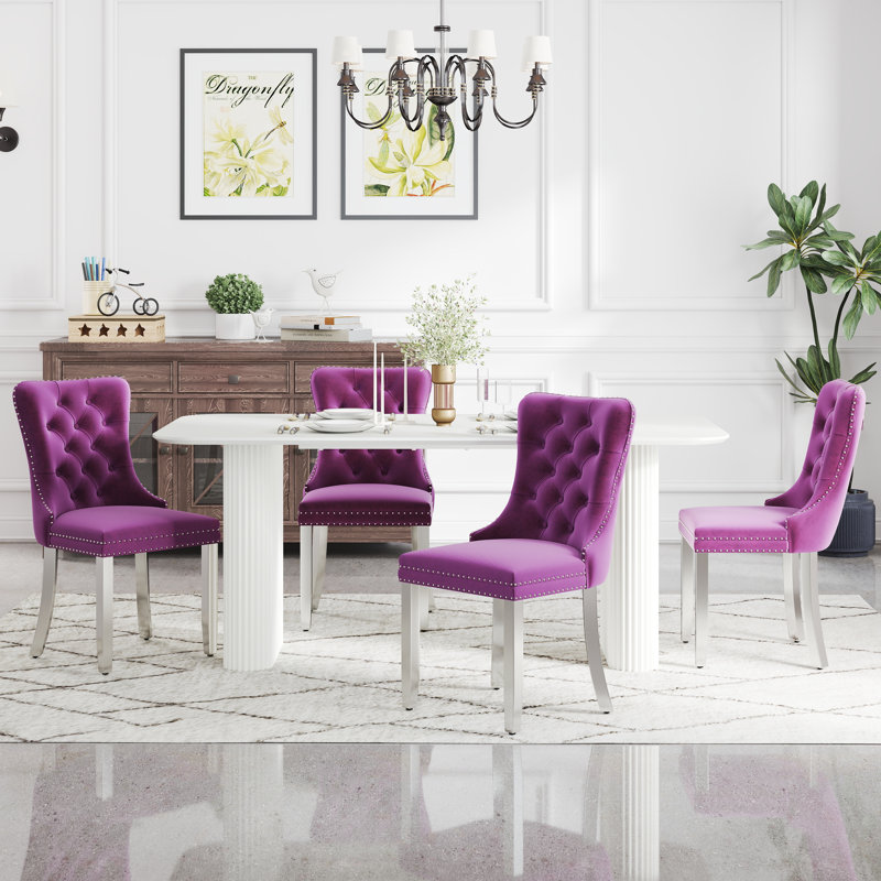 Ensemble de salle à manger rectangulaire en bois avec chaise capitonnée, 5, Mauve, Blanc