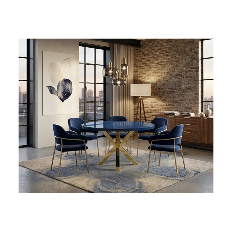 Table de salle à manger ronde en bois et métal Pangea Home Remi, Doré, Marine