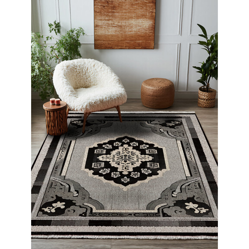 Bureen Collection Digital Print Cotton-Polyester Gray Moroccan Rug, Rectangle 4' x 7'3"