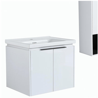 Meuble-lavabo mural 24 po avec lavabo en céramique, armoire latérale et portes, armoire combinée