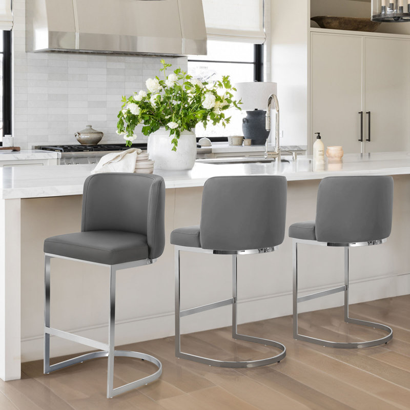 Bittencourt 26” Modern Upholstered Counter Height Bar Stool, Faux Leather-Gray, 3