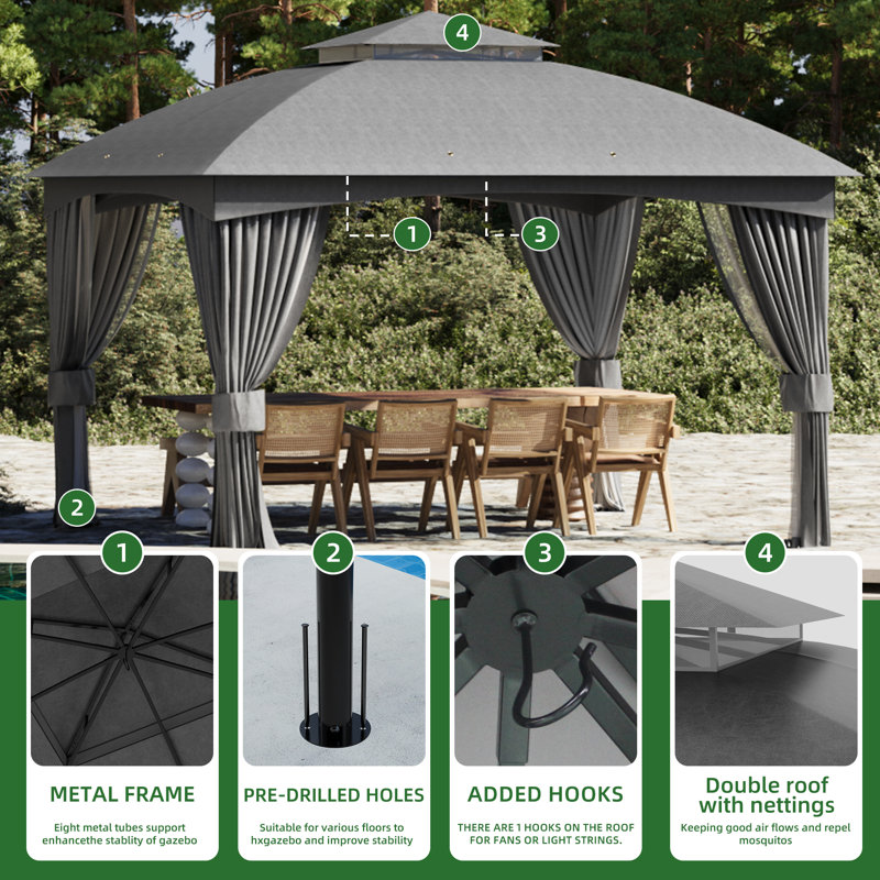 11 X 13 Ft Outdoor Gazebo With Mosquito Netting & Curtain