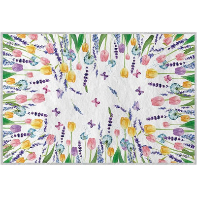 Tulip Lavender Spring Area Rug - Multi-Color Low-Profile Washable Mat For Entryway, Bedroom, Living Room, Or Laundry Room