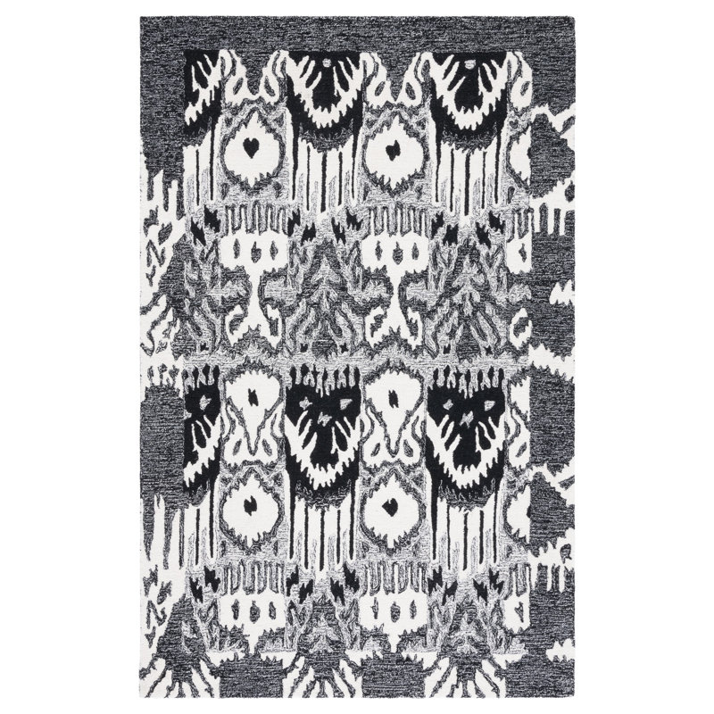 Tapis noir / ivoire en laine / coton touffeté à la main Ikat, Rectangle 3 pi x 5 pi
