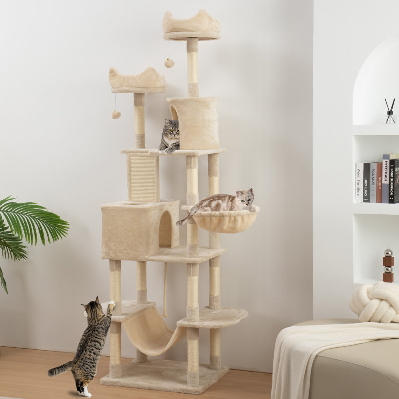 Grand arbre à chat de 81 po avec poteaux à griffer, condos pour chat, lits, beige