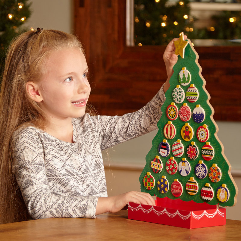 Green Wooden Christmas Tree Advent Calendar with Magnetic Ornaments
