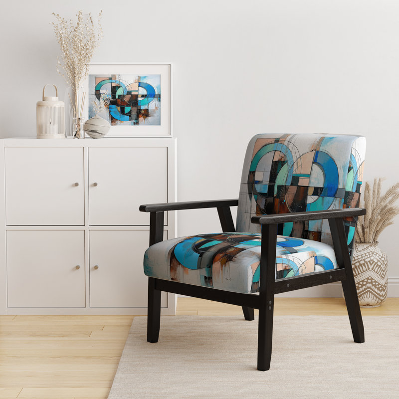 Mid-Century Accent Chair, Colorful Abstract Upholstered Armchair - Colorful Mid Century Abstract Fusion I, Blue, Black