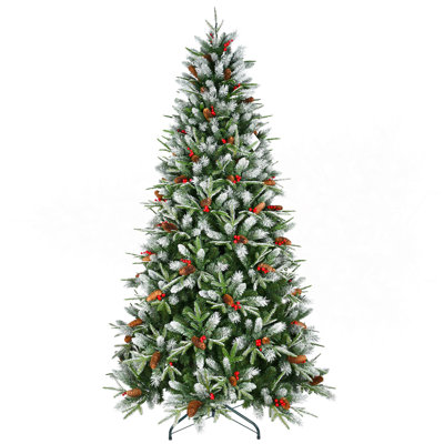Arbre de Noël 7 pi avec 2178 pointes, baies rouges et pommes de pin - Branches PE + PVC enneigées, conception à charnières pour une installation facile, support en métal robuste - Décoration d'arbre de Noël naturelle