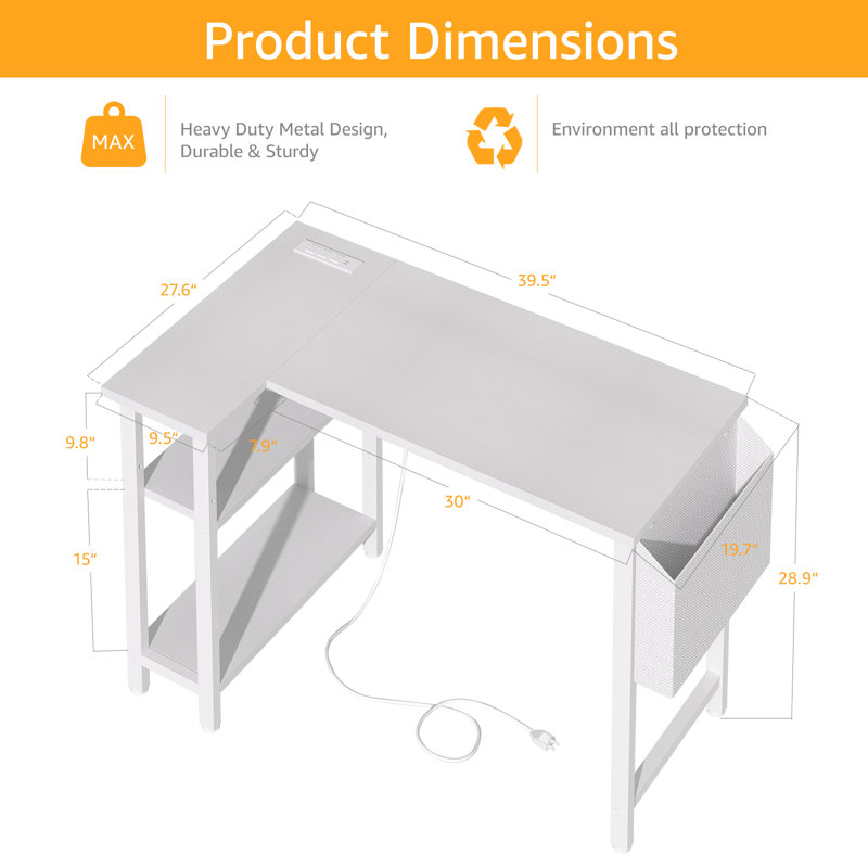 Prises de courant intégrées / Bureau d'ordinateur en L USB, H 28,9 po x l 39,5 po x P 27,6 po, Blanc / blanc